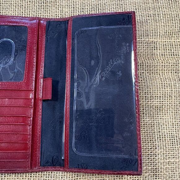 Fossil Woman's Red Stitched Leather Tri-Fold Wallet Checkbook Zipper Back - Picture 4 of 7